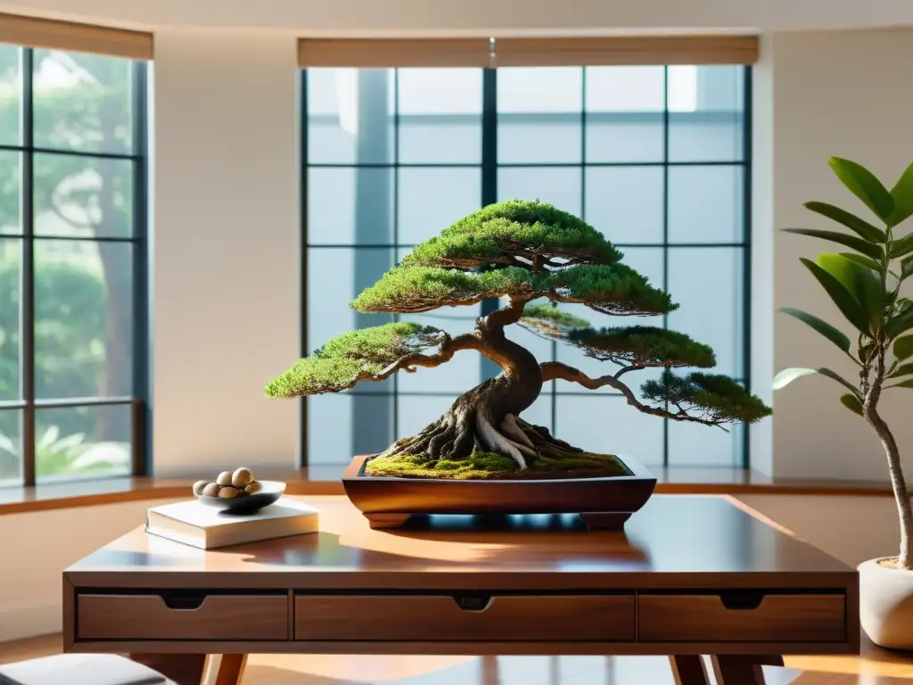 Espacio de oficina sereno con luz natural y bonsái en la mesa de madera