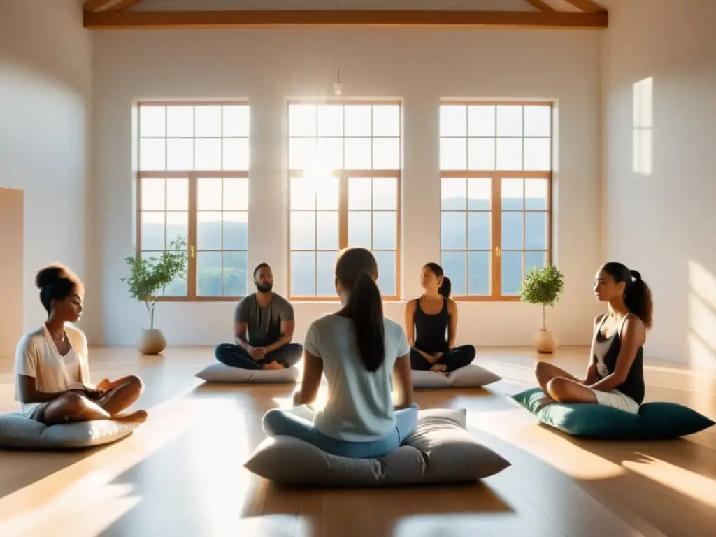 Un espacio sereno iluminado por el sol, con personas practicando mindfulness en un entorno moderno mientras la ciudad bulle afuera