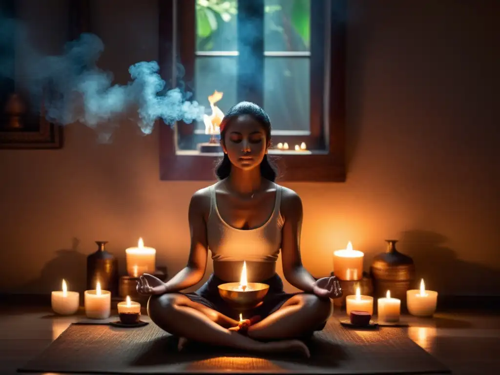 Un espacio sereno iluminado con velas y un ser meditando