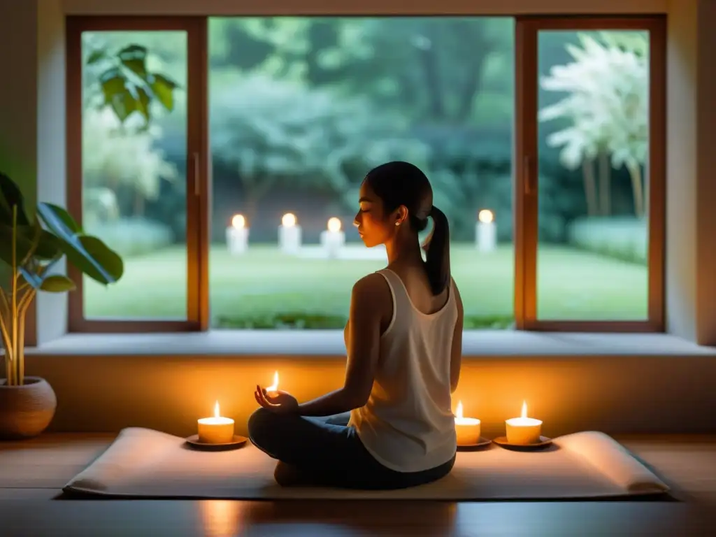 Un espacio sereno iluminado por velas, con una persona meditando