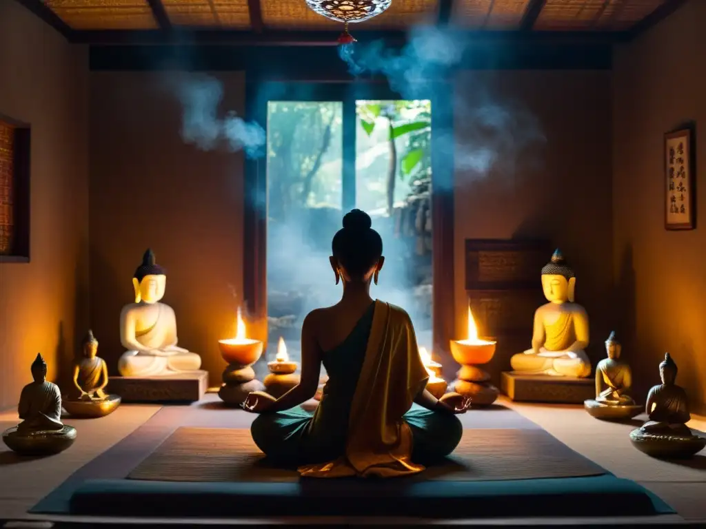 Meditación en un espacio sereno con incienso y estatuas de Buda