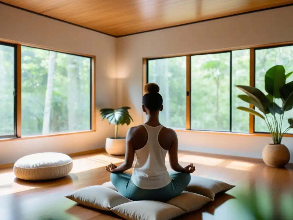 Espacio de meditación sereno con luz natural y cojines