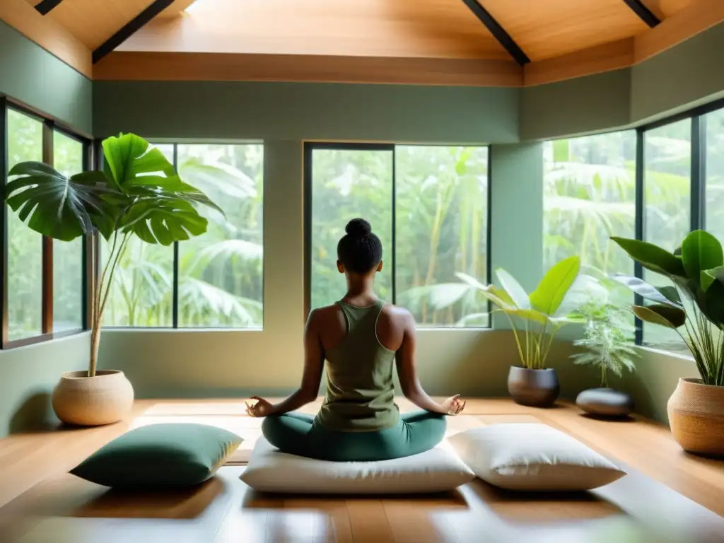 Espacio de meditación sereno con luz natural, decorado en tonos tierra