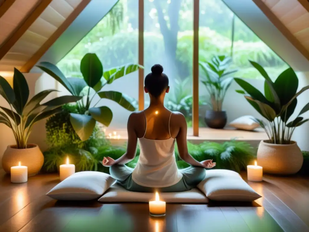 Espacio de meditación sereno con luz natural, plantas verdes y velas