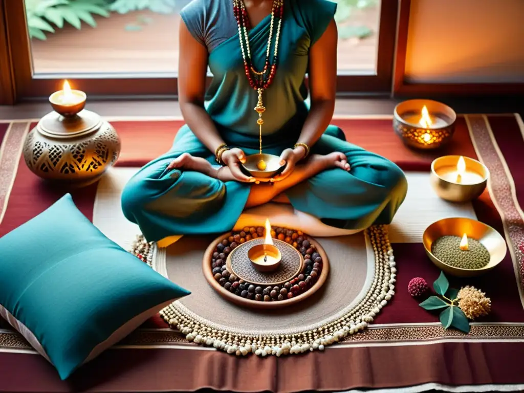 Espacio de meditación sereno con poder espiritual: persona meditando con rosario de cuentas en mano, rodeada de incienso y velas