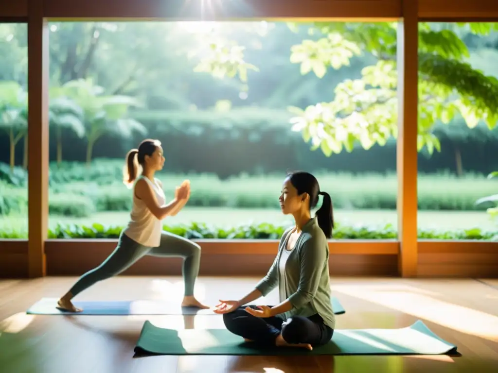 Un espacio sereno y soleado rodeado de exuberante vegetación donde un grupo practica Qi Gong para principiantes en armonía con la naturaleza