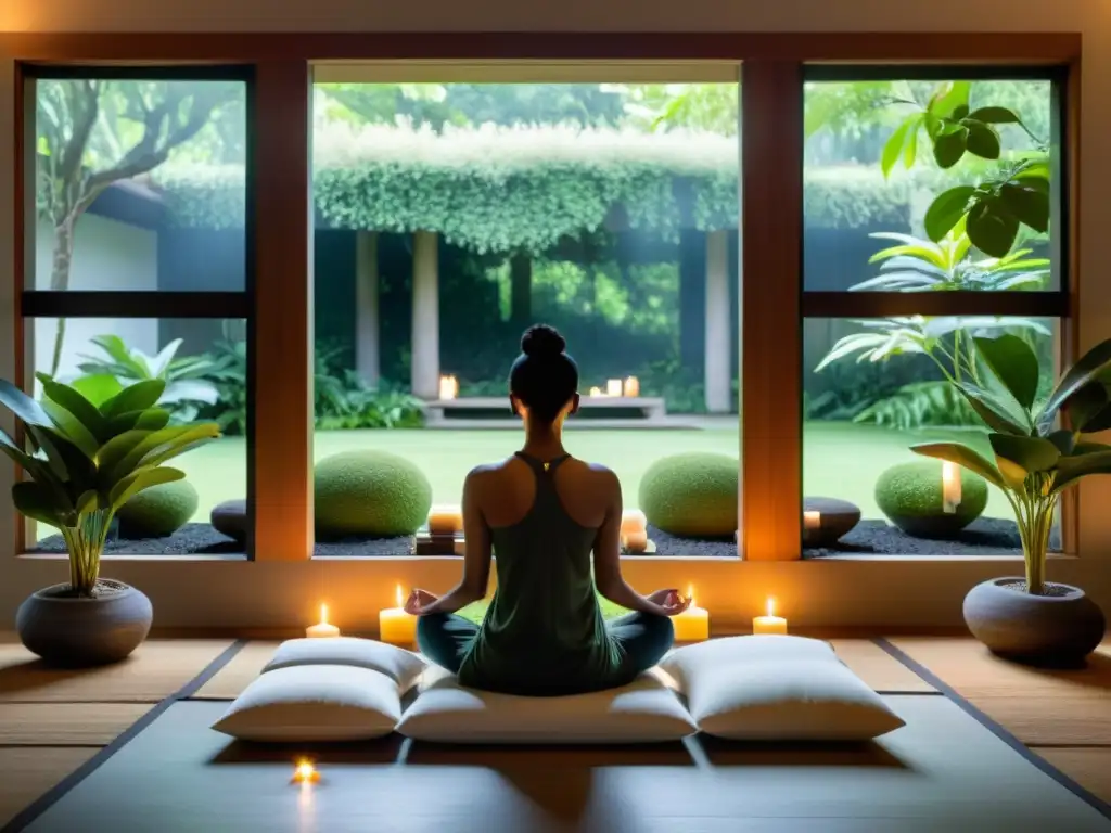 Espacio de meditación sereno con ventana hacia jardín exuberante, persona en postura de Meditación Metta para amor incondicional