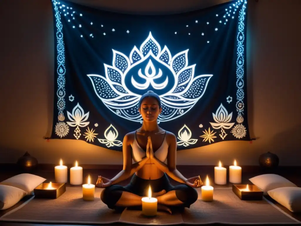 Espacio de meditación con símbolos espirituales en tapiz