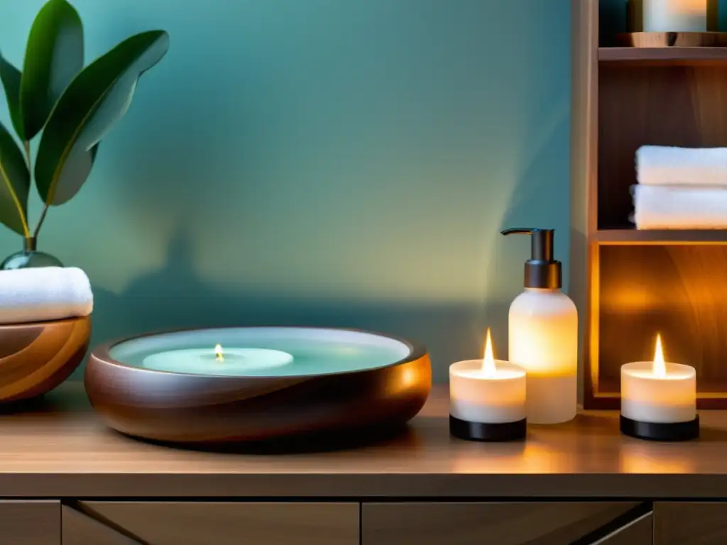 Espacio de spa sereno con mesa de madera, productos de hidratación y símbolos Yin Yang, transmitiendo equilibrio piel hidratación Yin Yang