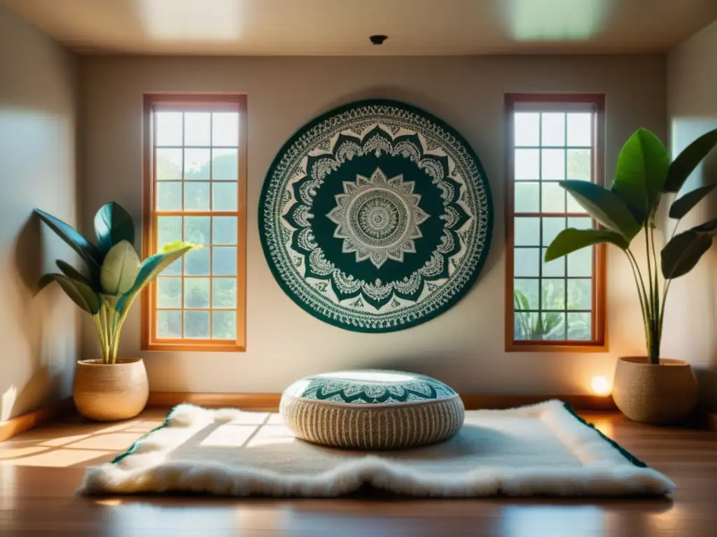 Espacio de meditación con mandala, luz suave y tranquilidad