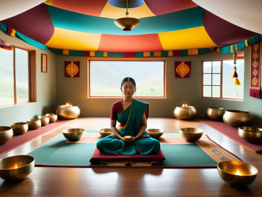 Espacio de meditación tibetano con cuencos para estrés y paz interior