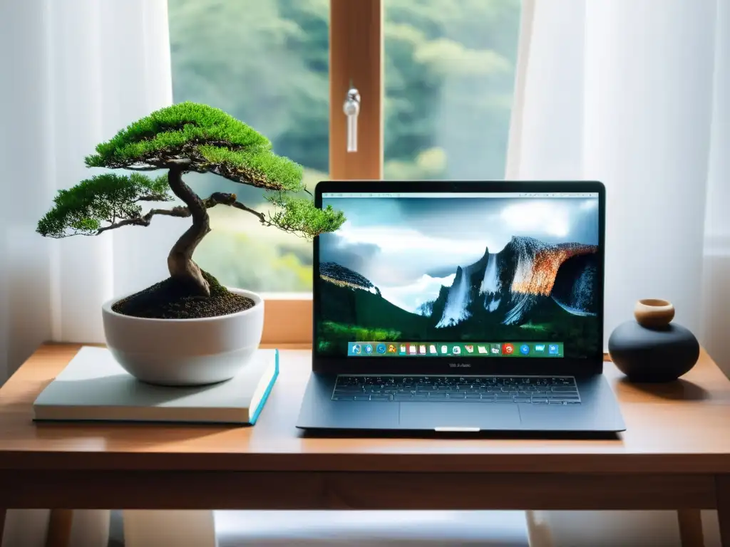 Un espacio de trabajo sereno y minimalista con laptop moderna en un escritorio de madera, iluminado por luz natural con cortinas blancas