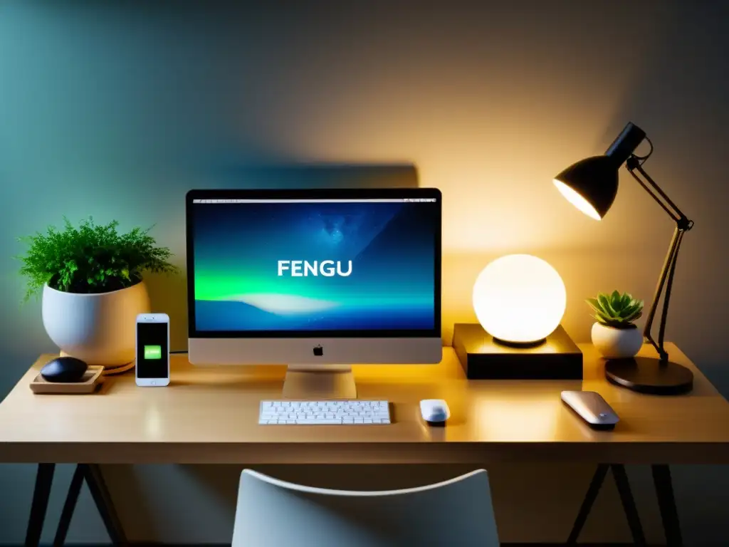 Un espacio de trabajo tranquilo y armonizado con una batería externa de energía feng shui integrada