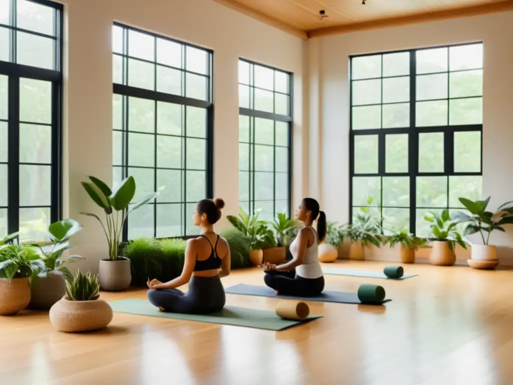 Espacio de yoga sereno con luz natural, plantas exuberantes y personas practicando yoga en poses armoniosas