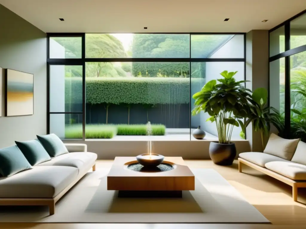 Espacioso salón minimalista con vista a jardín tranquilo, bañado en luz natural y armonizado con Feng Shui para la salud