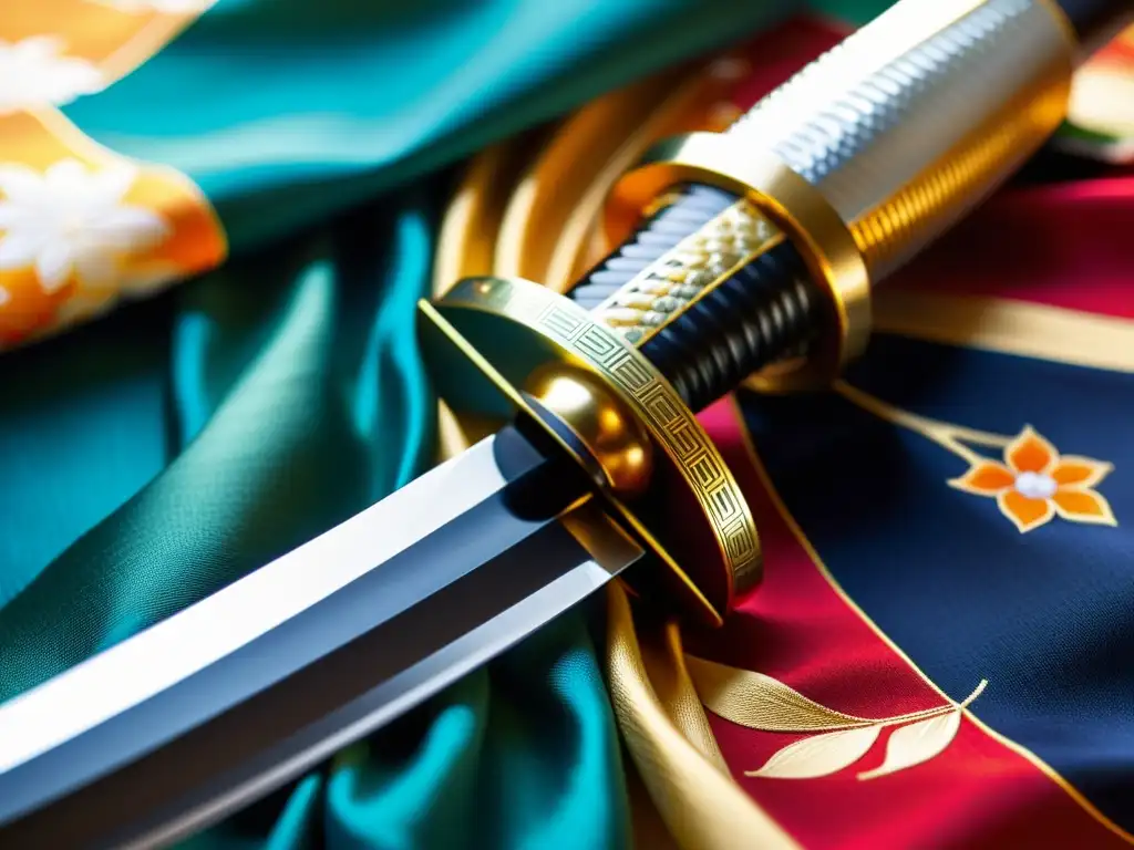 Una espada katana japonesa descansa sobre un kimono de seda vibrante, mostrando detalles y contrastes