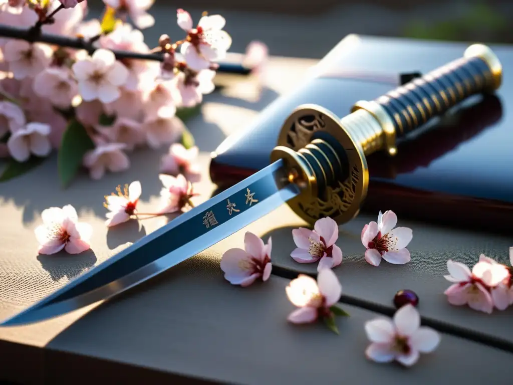 Una espada samurái descansa sobre pétalos de flor de cerezo, con una luz cálida filtrándose a través de las delicadas flores rosadas