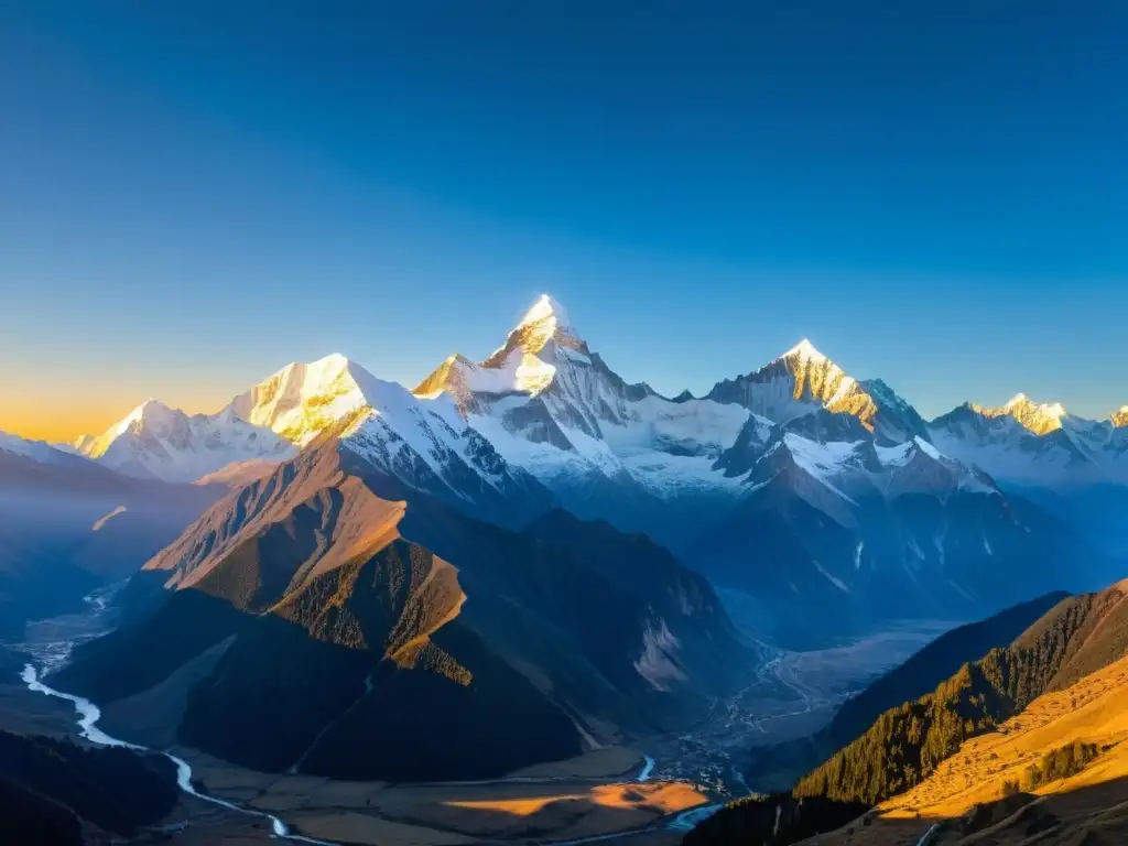 Espectacular amanecer en el Himalaya con picos nevados y valles iluminados