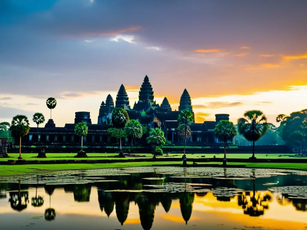 Espectacular amanecer en el santuario sagrado de Angkor Wat, reflejado en el agua tranquila, rodeado de exuberante vegetación