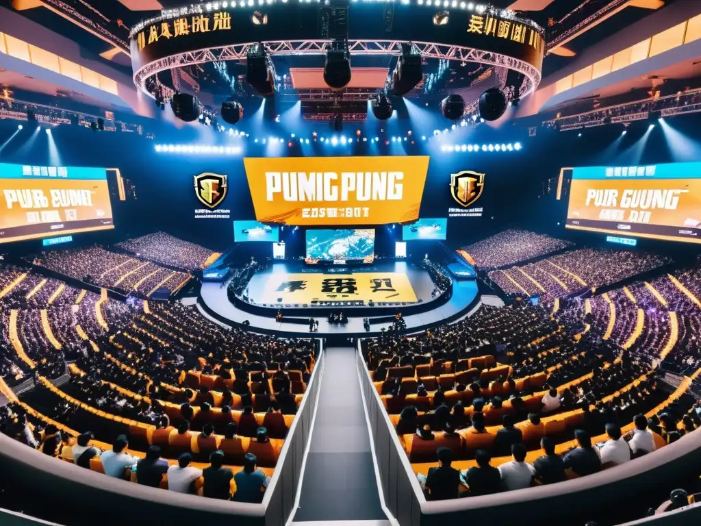 Espectacular arena de esports en Shanghai con fans entusiastas y vibrantes luces de neón, reflejando el impacto cultural y económico de PUBG en Asia