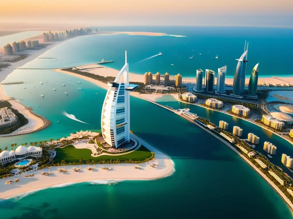 Espectacular atardecer en Dubai, el Burj Al Arab iluminado en tonos dorados en contraste con el mar