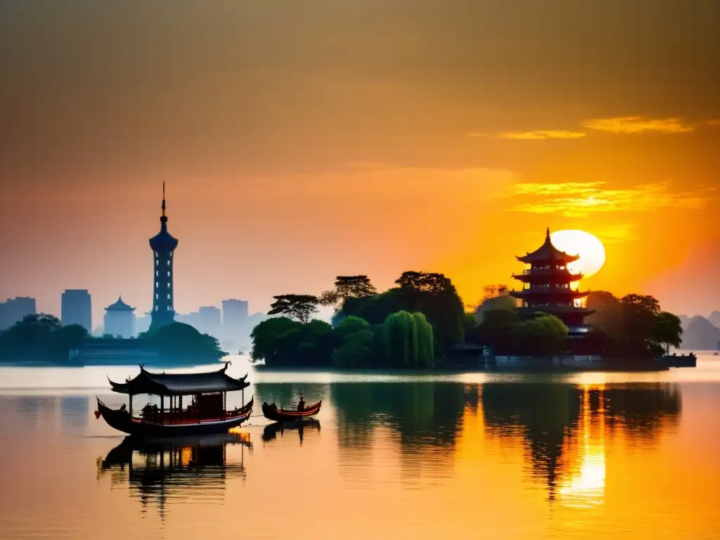 Espectacular atardecer en el histórico Lago del Oeste en Hangzhou, China, con la icónica Pagoda Leifeng en silueta