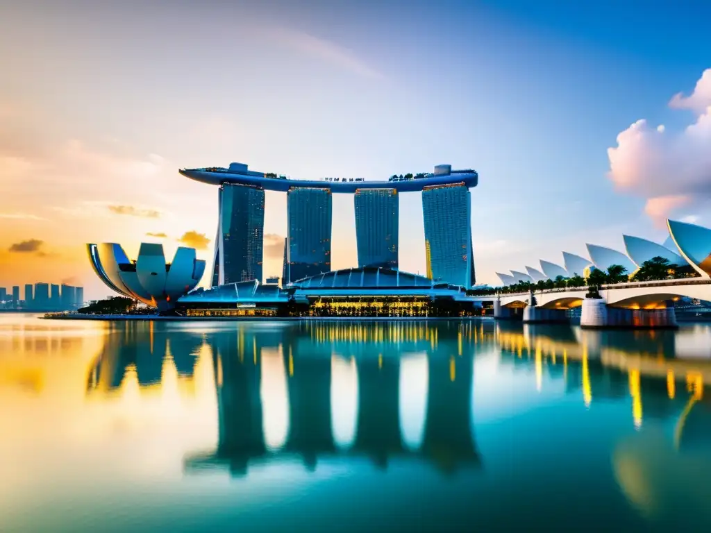 Espectacular atardecer en Marina Bay Sands con su icónica piscina infinita, representando la opulencia de los hoteles de lujo en Asia