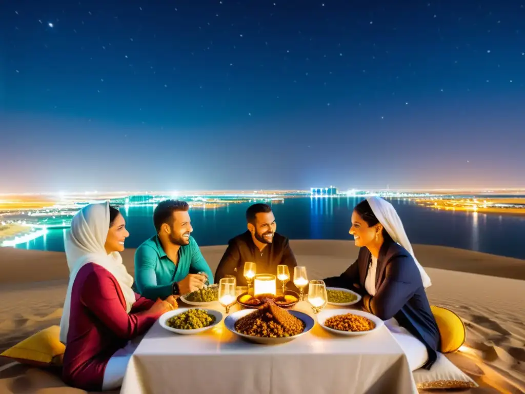 Un espectacular banquete bajo las estrellas en Dubai, con exquisita comida y luces de la ciudad en la distancia