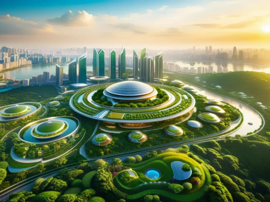 Espectacular ciudad futurista sostenible en Asia con arquitectura verde innovadora, jardines en azoteas y fuentes de energía renovable integradas