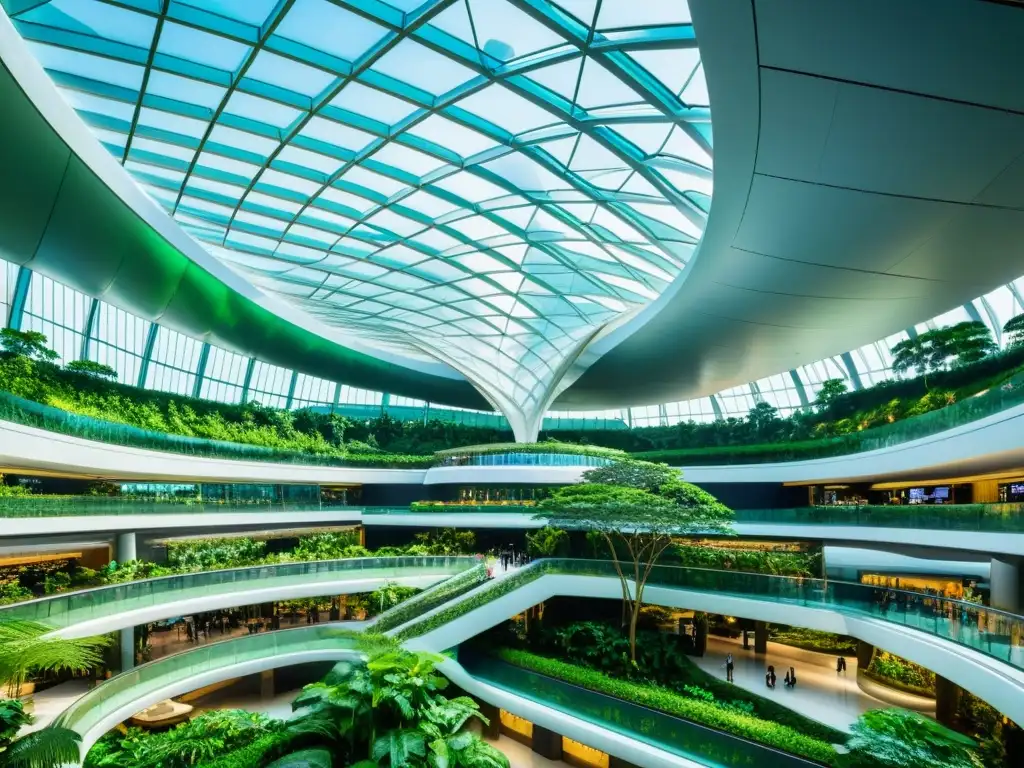 Espectacular diseño biofílico en arquitectura asiática: cascada interior rodeada de exuberante vegetación en el Jewel Changi Airport de Singapur