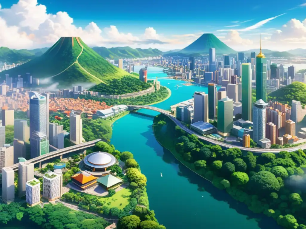 Espectacular diseño de escenarios en anime: una ciudad futurista con rascacielos, calles bulliciosas y paisajes exuberantes de colores vibrantes