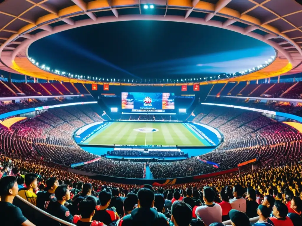 Espectacular estadio lleno en Asia con fans apasionados apoyando a equipos de Esports