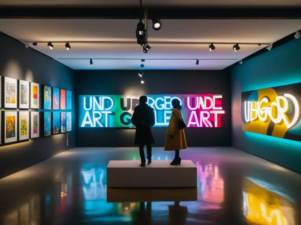 Espectacular galería de arte underground asiático con grafitis coloridos y esculturas vanguardistas en un ambiente ambientalmente iluminado