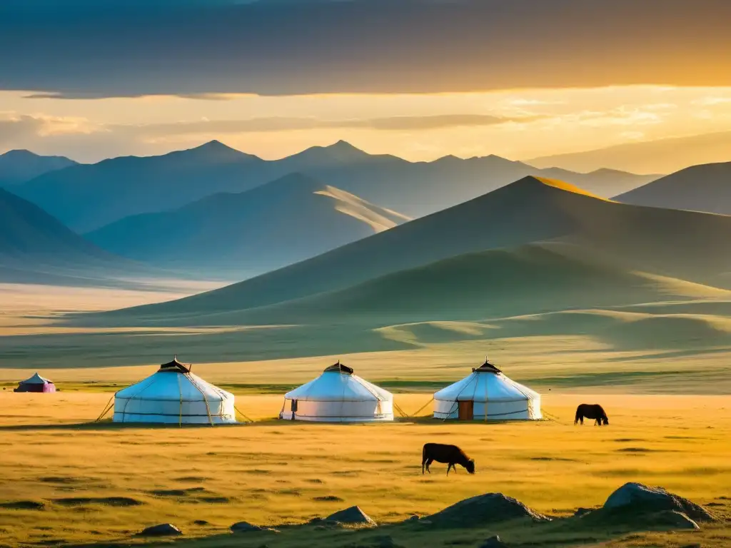 Espectacular paisaje de la estepa mongola al atardecer, con yurtas tradicionales y montañas al fondo