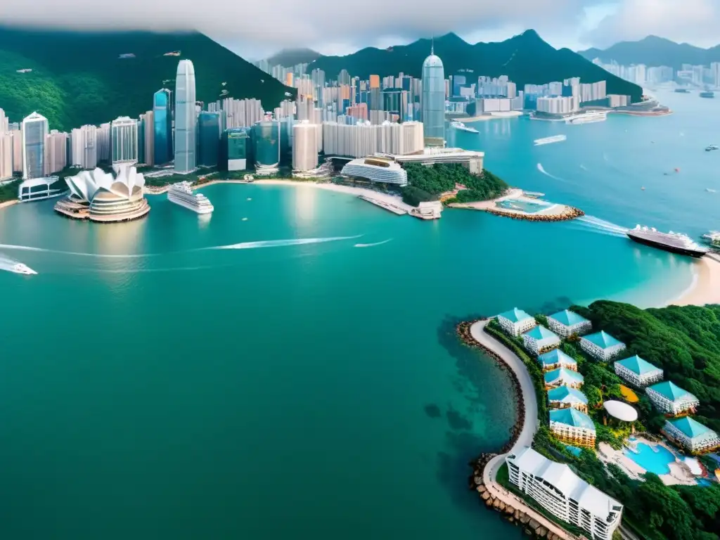 Espectacular vista aérea de hoteles de lujo con vistas a Hong Kong en la icónica bahía Victoria, con rascacielos y aguas relucientes