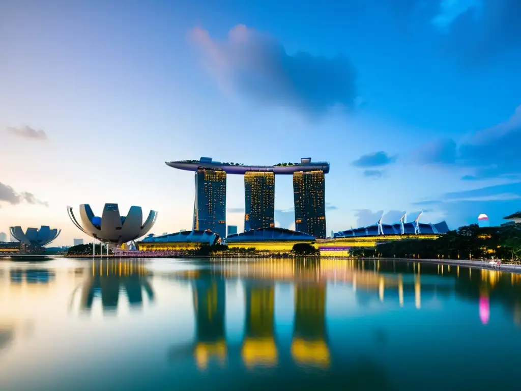 Horizonte de Singapur al atardecer: Marina Bay y Supertree Grove Espectacular vista de Singapur al atardecer, con el hotel Marina Bay Sands y el futurista Supertree Grove