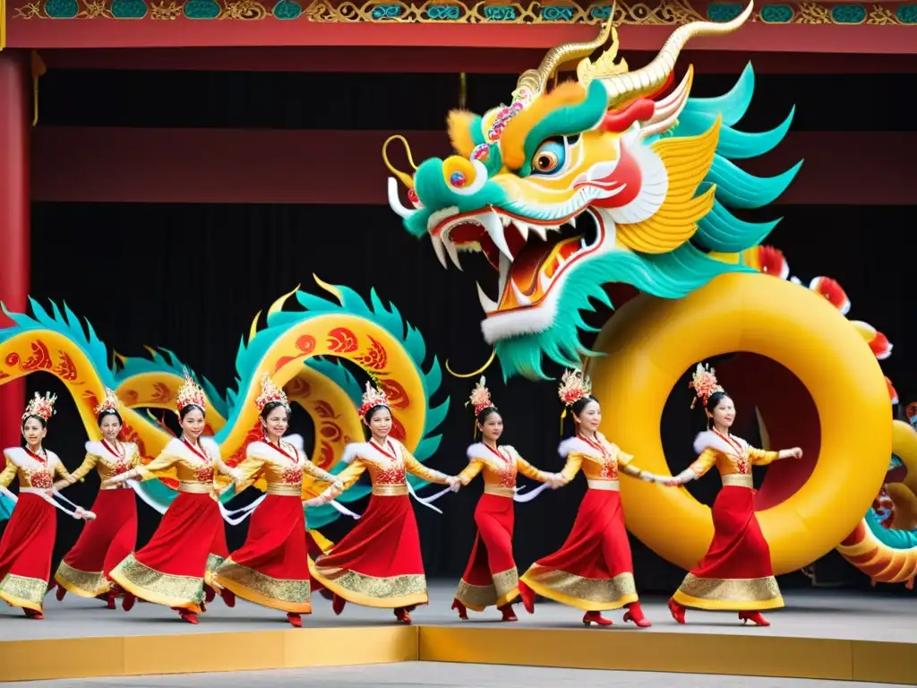 Un espectáculo de danza del dragón chino con bailarines vibrantes y coloridos bajo un dosel de rojo y oro