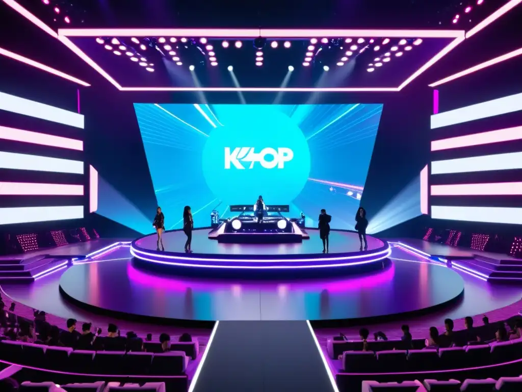 Un espectáculo virtual de KPop en un escenario masivo con pantallas LED, proyecciones holográficas de ídolos y fans con gafas de realidad virtual