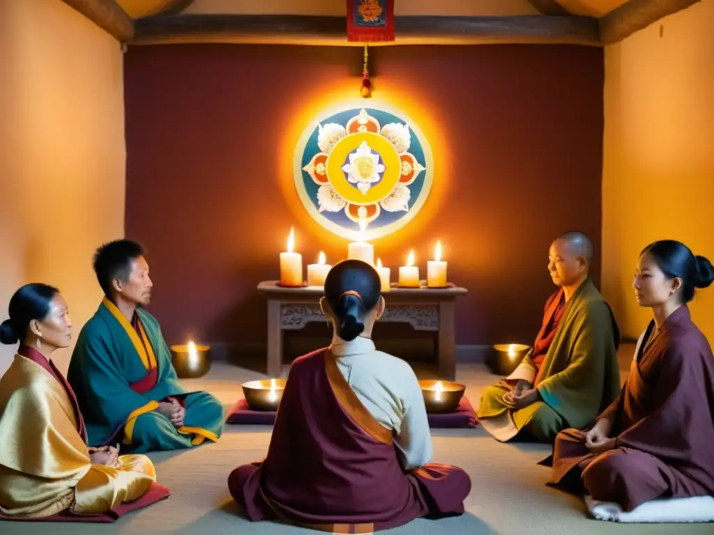 Práctica espiritual en grupo, tradición del Tantra camino liberación, meditación profunda en ambiente sereno con pintura tibetana y velas