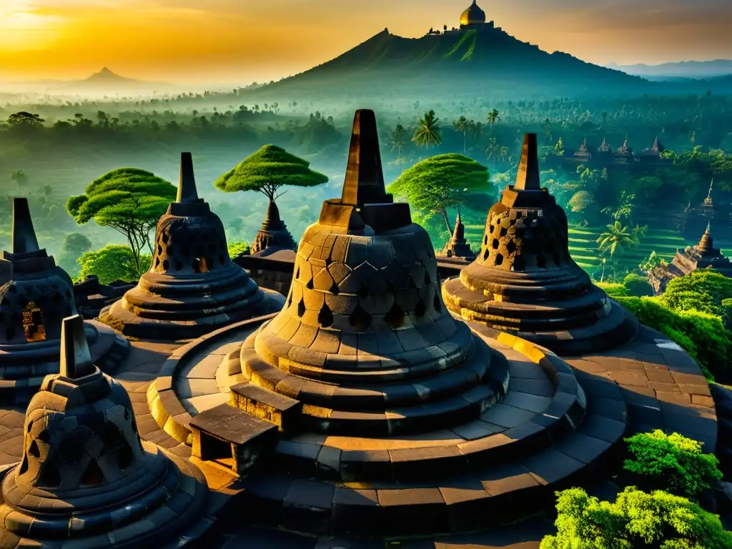 Espléndida fotografía del antiguo templo Borobudur en Indonesia, con detallados relieves y la influencia del Budismo en Arquitectura Asiática, iluminado por un vibrante atardecer