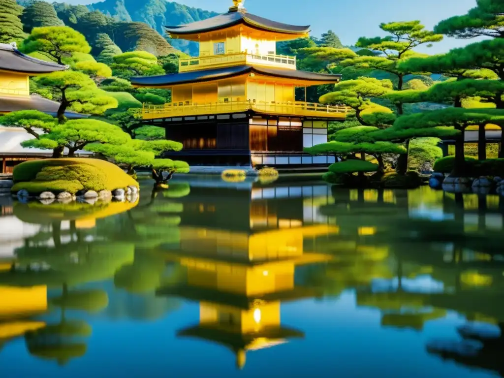 Espléndida foto 8k del Templo Kinkakuji en Kyoto, Japón, con su simetría y detalles arquitectónicos, rodeado de jardines y un sereno estanque