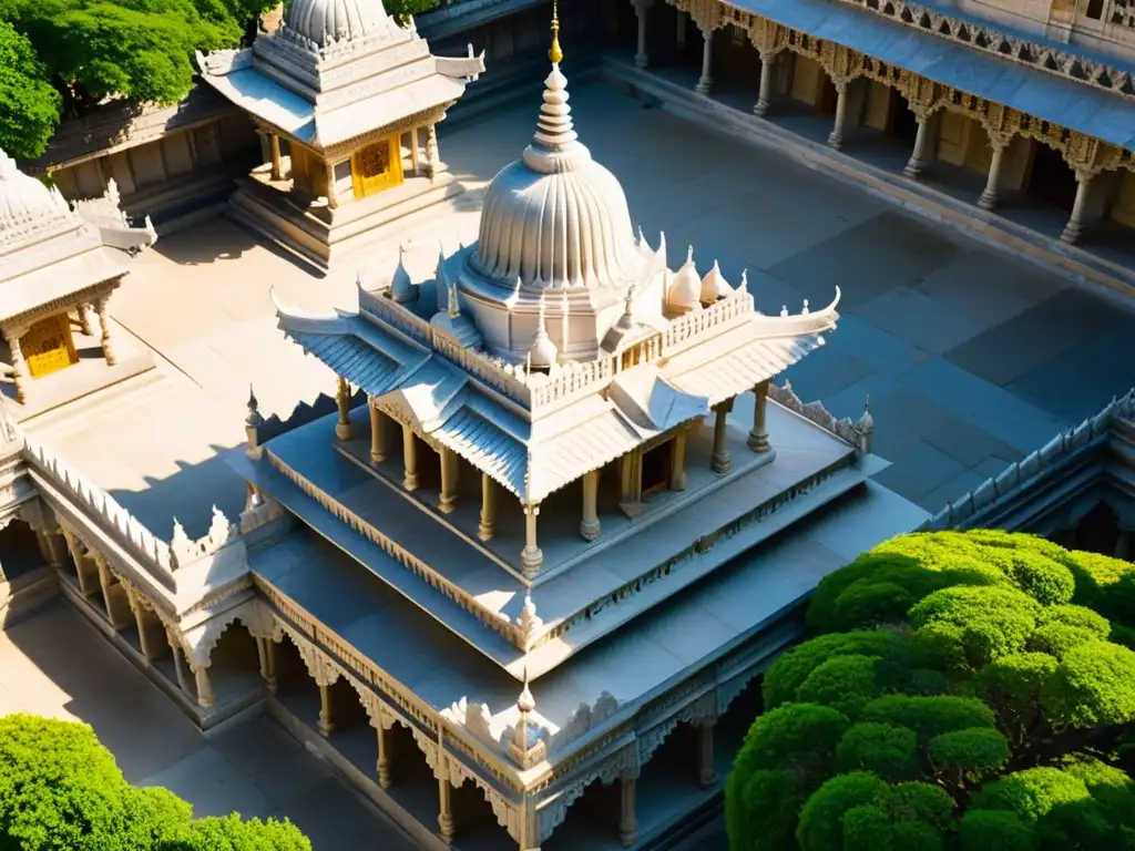 Espléndida vista aérea del templo jainista de Ranakpur, simbolismo y arquitectura de templos jainistas en perfecta armonía