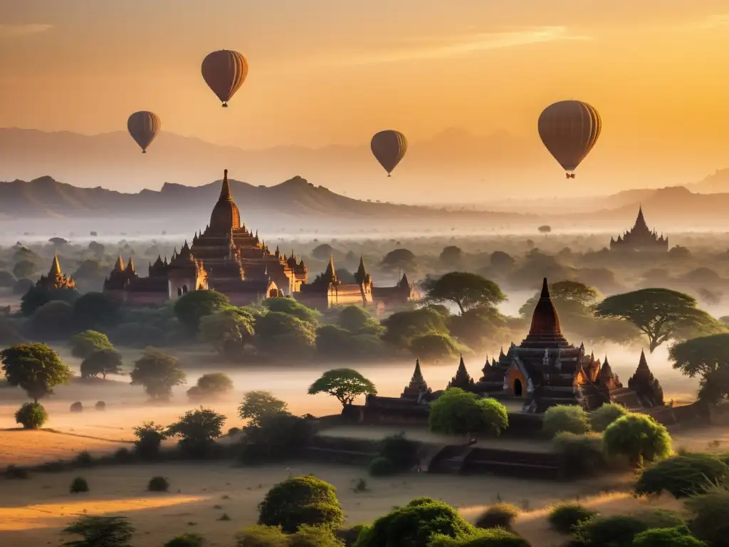Espléndido amanecer sobre templos antiguos de Bagan, Myanmar, con globos y paisaje neblinoso, evocando celebraciones auténticas en Asia