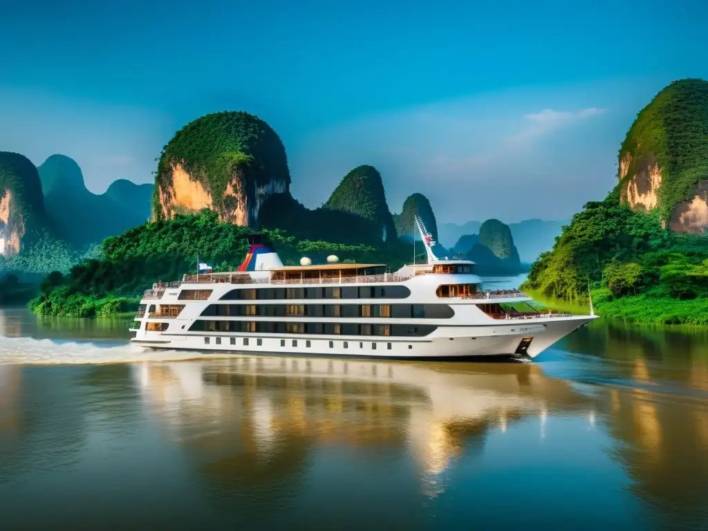 Espléndido crucero de lujo por el Mekong, navegando sereno entre exuberante paisaje y pasajeros disfrutando las vistas panorámicas