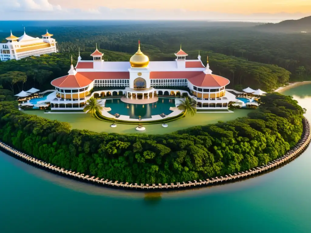 Espléndido hotel de lujo en Brunei, con arquitectura grandiosa, aguas cristalinas y exuberante vegetación, bañado por la cálida luz del atardecer