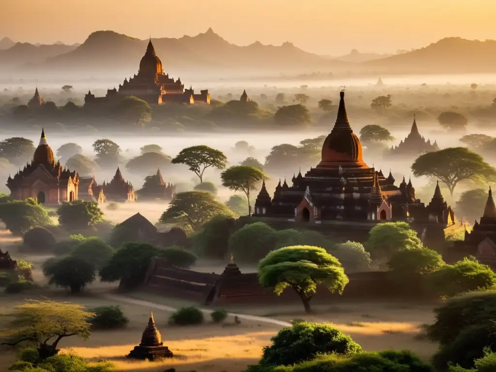 Esplendor espiritual en las pagodas de Bagan, Birmania: un amanecer sereno revela la esencia mística y la espiritualidad de este sitio sagrado