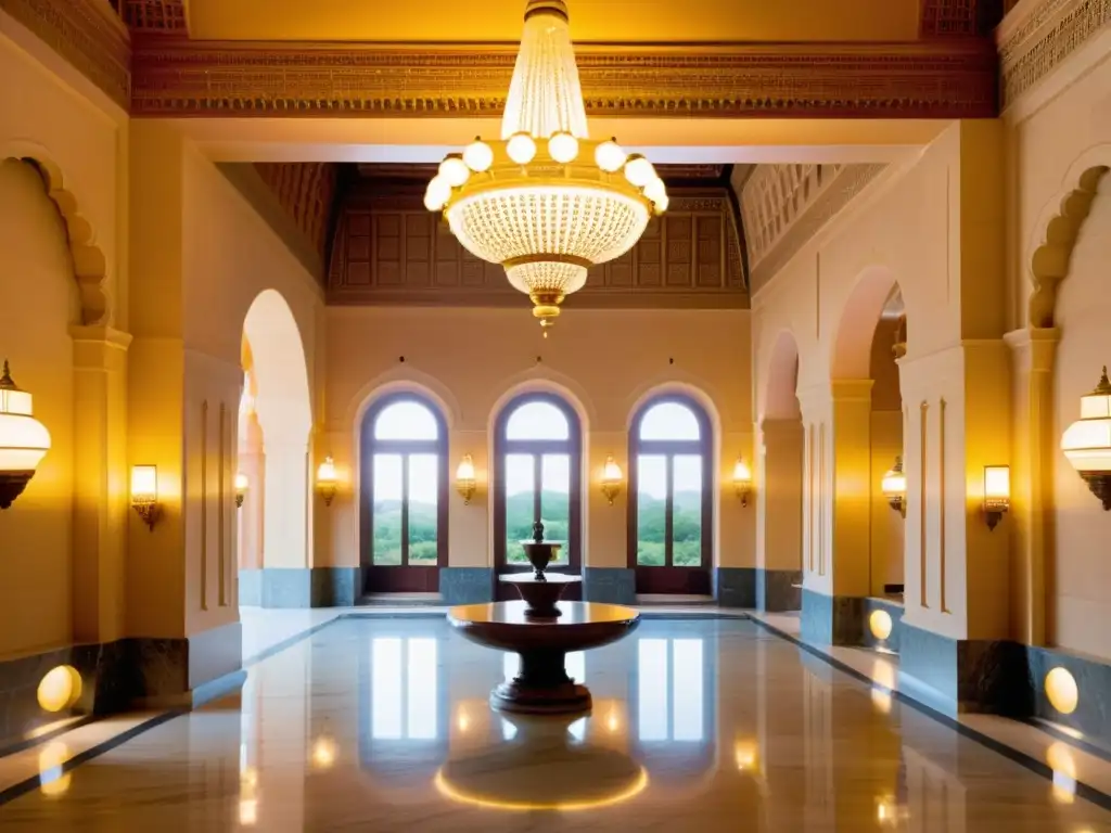 Esplendor en el interior del Palacio Umaid Bhawan en Rajastán, con su majestuosa escalera, chandeliers y jardines exuberantes