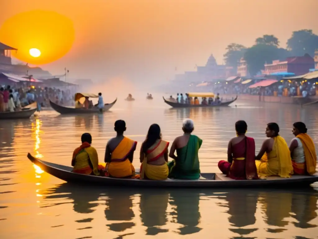 Esplendor matutino en el Ganges, devotos realizando rituales mientras la espiritualidad del Ganges en India cobra vida con luz dorada y colores vibrantes