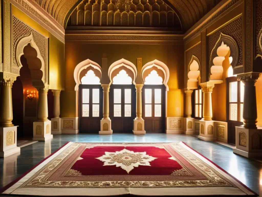 Esplendor en un palacio indio: lujo, historia y opulencia en un salón ricamente decorado con frescos, arcos dorados y elegantes muebles