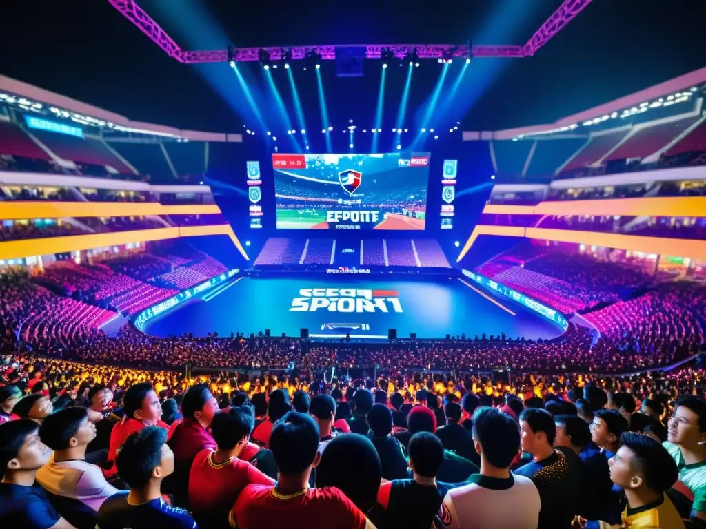 La evolución de los eSports en Vietnam: Estadio lleno, jugadores compitiendo bajo luces neón, y una multitud entusiasta